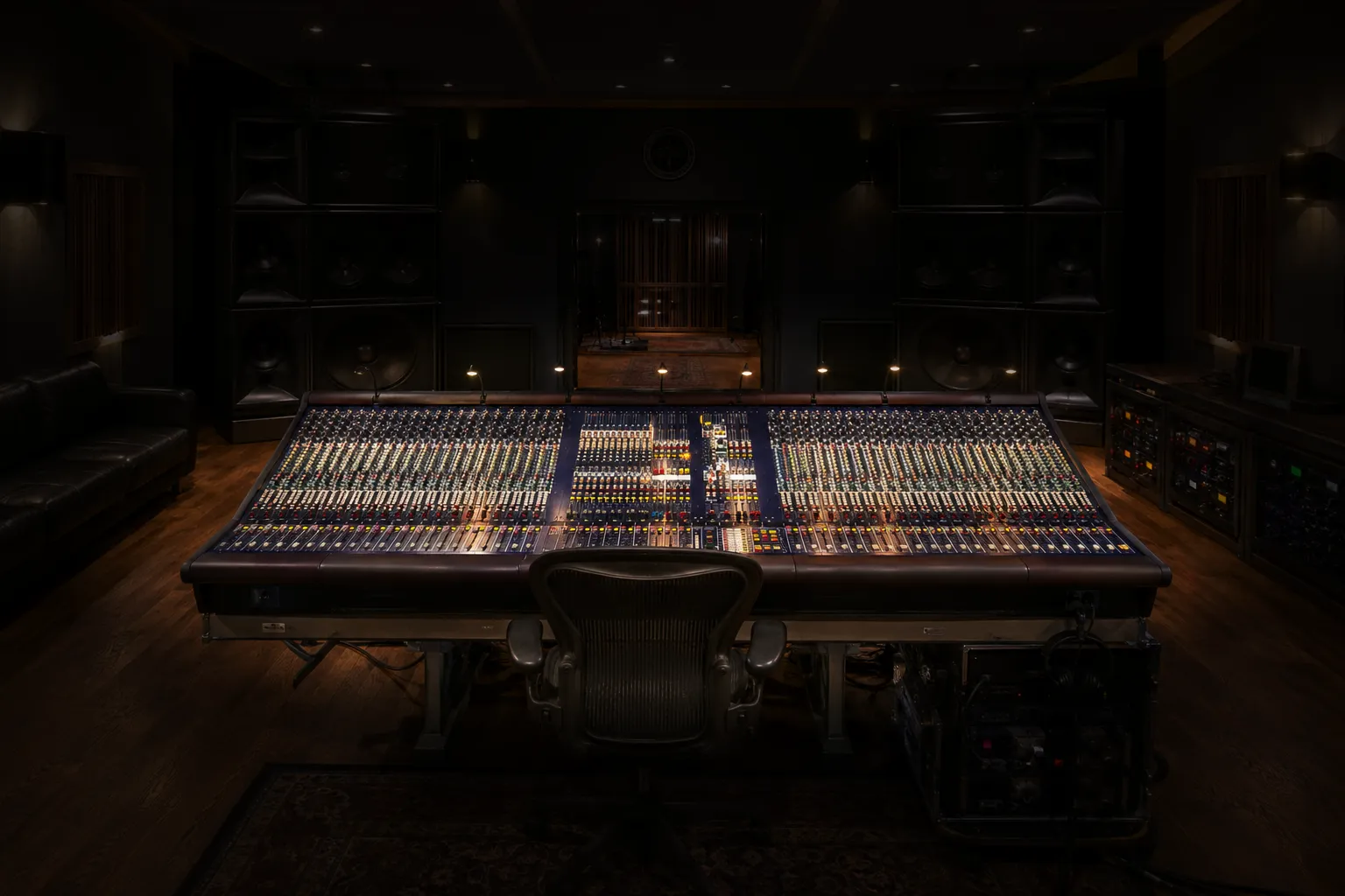Die analoge Midas-Heritage-2000-Konsole im Tonstudio, warm beleuchtet